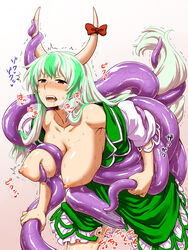 1girls blush breasts consensual_tentacles ex-keine female green_hair highres horn_ribbon hornjob horns itou_yuuji keine_kamishirasawa large_breasts long_hair nipples red_eyes ribbon solo tail tentacle touhou