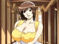 apron breasts brown_eyes brown_hair brown_hair_female cleavage gigantic_breasts housekeeper huge_breasts maid_headdress massive_breasts nipples_visible_through_clothing nonomiya_momoko open_eyes open_mouth screencap shimai_tsuma_3 shimaizuma_3 short_brown_hair short_hair smile yellow_apron