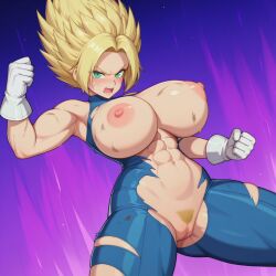 1girls ai_generated blonde_hair blue_tights buff c.c.leah enigma_of_sepia female huge_breasts huge_thighs light-skinned_female mobile_game muscular_female pubic_hair pussy solo super_saiyan torn_clothes vespera vespera_(enigma_of_sepia)