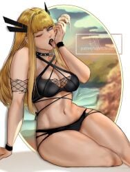 1girls arialla_draws artist_name beach bikini black_bikini blonde_hair blue_eyes choker cleavage curvy ice_cream licking light-skinned_female light_skin magik_(illyana_rasputin) marvel marvel_comics spiked_collar swimsuit x-men