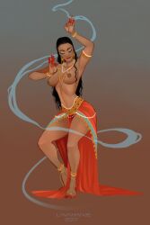 armlet belly_dancer belly_dancer_outfit black_hair bracelet dancer dancer_outfit dancing dark-skinned_female harem_girl harem_outfit indian indian_female jewelry large_breasts lavahanje loincloth long_hair necklace original original_character sarong topless