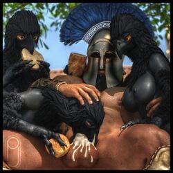 avian black_skin choking daz_studio fantasy_tales feeding harpy human human_on_anthro leaking_cum monster_girl mythological_creature mythology naked oral orange_eyes orgy outdoors outside pickle_juice tagme throat_bulge