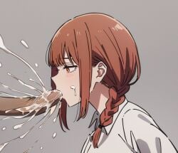 1girls ai_generated chainsaw_man cum cum_in_mouth cum_on_face makima_(chainsaw_man) morindar penis penis_in_mouth red_hair shirt sucking sucking_penis swallowing swallowing_cum white_shirt yellow_eyes