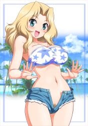 :d bandeau beach bikini blonde_hair blue_eyes blue_shorts breasts censored cloud cloudy_sky commentary_request covered_nipples cowboy_shot cutoffs day denim denim_shorts female girls_und_panzer highleg highleg_bikini kay_(girls_und_panzer) large_breasts mosaic_censoring navel no_panties open_clothes open_fly open_mouth open_shorts outdoors palms pussy shiny_skin short_shorts shorts sky smile solo stomach strap_gap strap_pull swimsuit tanuki_yousuke variant_set