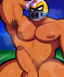 1boy alternate_costume arm_up armpit_hair balls bara brawl_stars chest_hair dark-skinned_male dark_skin el_primo_(brawl_stars) el_quarterback_(brawl_stars) erection football gay genitals gloves hairy helmet human male male_only nipples pecs penis solo solo_focus solo_male sweat sweatdrop sweating sweaty xtra0182