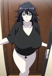 ai_generated black_hair blue_eyes bottomless bottomless_female civitai cleavage cowboy_shot doorway frown hand_over_mouth huge_breasts jyubei_(style) long_hair messy_hair natalie_(crizzyeyes) open_mouth original_character pale-skinned_female pale_skin pubic_hair pussy resting_bitch_face sleepy standing t-shirt t-shirt_only thick_thighs wide_hips