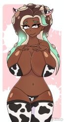 43soop breasts_bigger_than_head breasts_out cow_girl cow_print hands_on_breasts huge_breasts lingerie marina_(splatoon) octoling octoling_girl pinup pose splatoon tagme thick_thighs twitter_link