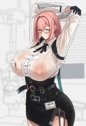 arms_up black-framed_eyewear black_gloves black_ribbon black_skirt blush breasts closed_eyes closed_mouth collared_shirt commentary_request covered_nipples earrings female gachou glasses gloves high-waist_skirt hourglass_earrings huge_breasts id_card jewelry long_hair long_sleeves neck_ribbon pink_hair pocket ribbon see-through_clothes see-through_shirt semi-rimless_eyewear shirt skirt solo thighs translation_request tsukishiro_yanagi under-rim_eyewear white_shirt zenless_zone_zero