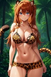 1girl ai_generated animal_ear_fluff animal_ears animal_print animal_tail asuka_langley_sohryu bangs bare_arms bare_shoulders bikini bikini_shorts blue_eyes blush boyshorts breasts brown_hair cat_ears clavicle cleavage closed_mouth clothing day eyebrows eyebrows_visible_through_hair female female_only forest hair_between_eyes hair_ornament halterneck interface_headset kemonomimi_mode large_breasts leopard_print leopard_tail linea_alba long_hair looking_at_viewer medium_breasts nature navel neon_genesis_evangelion orange_hair outdoors palm_tree plant print_bikini rena_aikawa_(pixiv_user) shorts sky smile solo standing stomach swimsuit tail thigh_gap thighs tiger_tail tree underwear very_long_hair