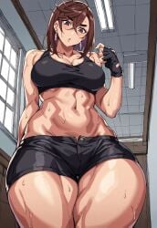 ai_generated ayase_momo dandadan ear_piercing fingerless_gloves fit_female gym hourglass_figure huge_breasts mini_giantess shorts solo_female sweat tank_top thick thick_thighs