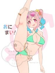 :d artist_name bare_arms bare_legs bare_shoulders bead_bracelet beads belly_chain bikini blue_hair bracelet breasts cleavage copyright_name earrings eyewear_on_head female flexible flower green_bikini hair_flower hair_intakes hair_ornament hand_on_own_leg heart heart-shaped_eyewear hoop_earrings hozuki_kaede jewelry large_breasts looking_at_viewer male-female_symbol multicolored_hair navel necklace onii-chan_wa_oshimai! open_mouth pink_hair pon_sugar red_eyes side_ponytail sidelocks simple_background smile solo split standing standing_on_one_leg standing_split string_bikini sunglasses swimsuit twitter_username two-tone_hair watermark white-framed_eyewear white_background