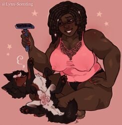 animal_genitalia aroused aroused_by_another balls big_balls big_breasts black_hair breasts brush brushing brushing_fur canid canine canine_genitalia canis chihuahua coconut_(cokotheschnoot) dark_body dark_skin domestic_dog duo female female_human female_on_feral feral fur genitals hair hi_res human interspecies interspecies_romance knot_in_sheath lise_(cokotheschnoot) lying lynx_scenting male male/female male_feral mammal mixed_breed nipple_outline on_back overweight overweight_female papillon sheath small_but_hung smile toy_dog