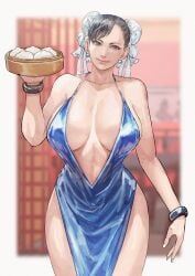 1girls asian asian_female big_breasts blue_clothing blue_dress bracelet bracelets breasts brown_eyes brown_hair busty capcom chinese chun-li cirenk cleavage double_bun dress ear_piercing earrings female female_solo food hair_bun hair_buns huge_breasts jewelry large_breasts light-skinned_female light_skin looking_at_viewer low_cut_dress matching_hair/eyes mature mature_female meat_bun piercing portrait sexy short_hair solo solo_female solo_focus standing street_fighter thick thick_thighs thighs three-quarter_portrait tied_hair wide_hips