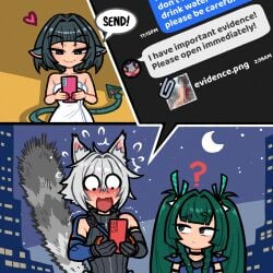 akairiot animal_ears animal_tail jane_doe_(zenless_zone_zero) mouse_girl nudes_on_phone qingyi_(zenless_zone_zero) seth_lowell short_hair texting towel towel_only twintails zenless_zone_zero