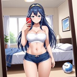 ai_generated big_ass big_breasts bubble_butt hotpants lucina_(fire_emblem) lucina_owner midriff_showing mirror round_ass selfie taking_selfie white_shirt