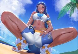 1girls bare_arms bare_legs bare_shoulders bare_thighs big_breasts black_hair blue_eyes blush clothed clothing color dark-skinned_female dark_skin female female_focus female_only game_freak gym_leader haska_(user_gure4787) hi_res large_breasts long_hair looking_at_viewer nessa_(pokemon) nintendo pokemon pokemon_ss pokemon_trainer solo solo_female tagme thick_thighs