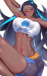 1girls bare_arms bare_legs bare_shoulders bare_thighs big_breasts black_hair blue_eyes blush clothed clothing color dark-skinned_female dark_skin female female_focus female_only game_freak gym_leader haska_(user_gure4787) hi_res large_breasts long_hair looking_at_viewer nessa_(pokemon) nintendo pokeball pokemon pokemon_ss pokemon_trainer solo solo_female tagme thick_thighs