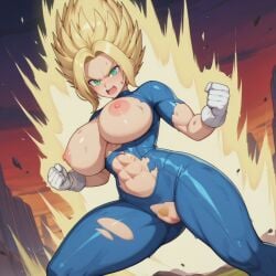 1girls ai_generated blonde_hair blue_tights buff c.c.leah enigma_of_sepia female huge_breasts huge_thighs light-skinned_female mobile_game muscular_female pubic_hair pussy solo super_saiyan torn_clothes vespera vespera_(enigma_of_sepia)