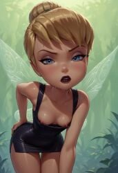 ai_generated bent_over black_lipstick blonde_hair blue_eyes breasts bun collarbone disgusted down_blouse dress fairy fairyfella_(ai_generator) female frown hand_on_hip leaning_forward little_black_dress looking_at_viewer nipples outdoors sweat thigh_gap thighs tinker_bell wings