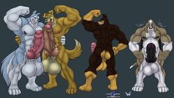 abs anthro balls big_balls big_penis blitz_(road_rovers) blue_eyes canine doberman erection exile furry hunter_(road_rovers) husky hyper knot looking_at_viewer male male_only muscles nipples nude penis professor_hubert road_rovers wolfblade