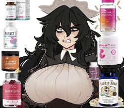 angry annoyed big_breasts black_hair centurii-chan drugged drugs executioner_maid_(centuriic) fully_clothed glaring gritted_teeth huge_breasts lactating long_hair maid_headdress maid_uniform refire_a_dying_star_(meme)