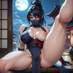 ai_generated big_breasts blush eogard_orc high_ponytail japan japanese_clothes kunoichi legs_up loincloth looking_at_viewer moon moonlight ninja ninja_mask one_breast_out original_character pubic_hair self_upload sitting stable_diffusion thick_thighs