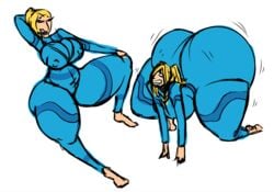 ass_expansion bent_over blonde_hair bodysuit breast_expansion defeated huge_ass huge_breasts hyper hyper_ass kevemperor metroid multiple_views nintendo samus_aran twerking xelbaxexilex zero_suit_samus