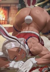 ai_generated all_fours animal_ears ass big_ass blurry blurry_background blush boku_no_hero_academia bottomless christmas dark-skinned_female dark_skin fat_ass female female_only fire gloves huge_ass indoors long_hair looking_at_viewer miruko my_hero_academia no_panties patreon_logo patreon_username rabbit_ears rabbit_girl rabbit_tail red_eyes shexyo smile solo tail teeth thigh_strap white_gloves white_hair_top