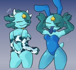 1girls 2024 3_fingers :3 :3p :p alien_(the_battle_cats) amphibian amphibian_humanoid anthro anthrofied armpits arms_up axolotl axoloty big_ass black_clothing blue_clothing blue_leotard bowtie bowtie_collar breasts bubble_butt bunny_costume bunny_ears bunnygirl bunnysuit cleavage closed_eyes closed_mouth clothing collar cow_bell cow_ears cow_ears_headband cow_girl cow_horns cow_horns_headband cow_print cow_print_armwear cow_print_panties curvy curvy_figure digital_media_(artwork) eyelashes eyelashes_visible_through_hair female fingerless_gloves glistening glistening_body gloves_(marking) gradient_background hair hair_covering_eye hair_over_one_eye hands_up headband hi_res humanoid leotard long_tongue looking_at_viewer mole_salamander ms._axoloty_(pootato-art) one_eye_covered one_eye_obstructed panties pantyhose pootato-art posing posing_for_the_viewer round_ears salamander_(amphibian) scut_tail shaded short_tail showing_off simple_background solo_female solo_focus star symbol tail tank_top teal_body teal_hair teal_skin the_battle_cats thick_thighs tights tongue_out white_clothing wide_hips