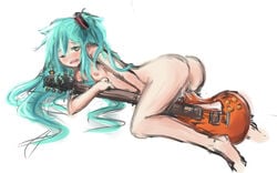 all_fours aqua_eyes aqua_hair arceonn ass blush crotch_rub electric_guitar guitar hair_ornament hatsune_miku humping instrument long_hair masturbation messy_hair nude pussy_juice solo tied_hair twintails very_long_hair vocaloid wince