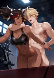 1boy 1girls ai_generated ass big_ass big_thighs blush dark-skinned_female dark_skin female from_behind genshin_impact huge_ass huge_thighs large_ass large_thighs male navel penis_in_pussy samsara_ai sex thick_thighs thighs tongue_out vaginal_penetration xinyan_(genshin_impact)