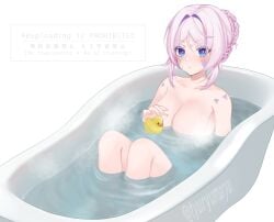 arm_tattoo bathing bathtub blue_eyes blush braid breasts citlali_(genshin_impact) closed_mouth facial_mark female forehead_mark genshin_impact long_hair looking_at_viewer medium_breasts nude pink_hair rubber_duck shoulder_tattoo tattoo triangle triangle_facial_mark tsyumaru_(tyuryumaryu) water white_background