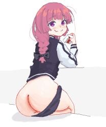 ass bocchi_the_rock! hair_ribbon hiroi_kikuri looking_at_viewer looking_back panties_down presenting_hindquarters purple_eyes red_hair tagme treepxiv