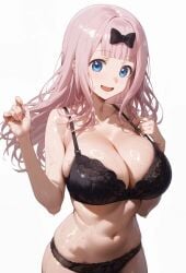 ai_generated bare_thighs blue_eyes bra fujiwara_chika gigantic_breasts huge_bra huge_breasts huge_thighs kaguya-sama_wa_kokurasetai_~tensai-tachi_no_renai_zunousen~ light-skinned_female light_skin long_hair looking_at_viewer mako_(artist) massive_breasts oiled_body oiled_skin panties pantyhose pink_hair smiling solo_female squatting sweat sweatdrop thick_body thick_female thick_thighs thighs voluptuous voluptuous_female