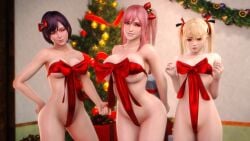 3d 3d_render 3girls blonde_hair blue_eyes christmas christmas_tree dead_or_alive female female_only honoka_(doa) indoors marie_rose nagisa_(doa) naked_ribbon naughty_face noname55 partially_clothed partially_clothed_female pink_eyes pink_hair pubic_hair red_ribbon ribbon standing