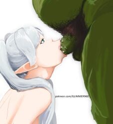 1boy 1girls belly big_penis blowjob completely_nude deepthroat elf elf_ears elf_female elf_girl fellatio female frieren frieren_beyond_journey's_end glimmer green_eyes green_skin huge_cock light-skinned_female light_skin male male/female monster mouth_full_of_cock ogre oral_sex orc orc_male overweight overweight_male pubic_hair saliva_on_penis sousou_no_frieren twintails wet white_hair