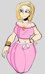 1girls 2020s 2024 android_18 blonde_female blonde_hair blue_eyes bracelet bracelets crescent_moon crescent_moon_necklace curvaceous curves curvy curvy_figure curvy_hips curvy_thighs dragon_ball earring gray_background grey_background hand_on_hip jamvcr large_ass large_breasts looking_aside looking_off_screen necklace pink_clothing pink_panties pink_underwear shiny_clothes shiny_skin simple_background slim_thick slim_waist smile thick_as_fuck thick_hips thick_legs thick_thighs thighs twitter_link voluptuous voluptuous_female whale_tail whale_tail_(clothing) workout_clothes yellow_hair