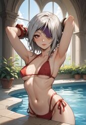 armpits arms_up bikini curvy_figure eyepatch female female_only gina_dickinson god_eater lying pale-skinned_female pool red_bikini red_eyes red_lips short_hair small_breasts white_hair