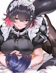 2girls ahoge belle_(zenless_zone_zero) big_breasts black_hair ellen_joe huge_breasts huge_thighs maid maid_headdress maid_outfit maid_uniform pink_hair red_eyes red_hair shark_girl shark_tail shiben_(ugvu5784) short_hair thighs yuri zenless_zone_zero