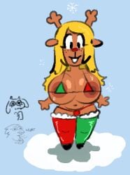 1girls alphys anthro antlers areola_slip areolae big_breasts blonde_female blonde_hair blue_background breasts christmas christmas_outfit deltarune female female_only holidays large_areolae large_breasts long_hair nicechan nipple_slip nipples noelle_holiday notverynicechan revealing_clothes simple_background solo_focus standing thighhighs toriel undertale_(series)