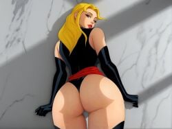 ai_generated ass ass ass_bigger_than_head ass_focus backside black_gloves black_leggings black_leotard blonde_hair blue_eyes butt_focus carol_danvers female female_only leotard marvel marvel_comics ms._marvel ms._marvel_(carol_danvers) red_lipstick red_sash superheroine tight_leotard tongue tongue_out wall webart20