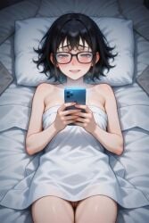 after_masturbation ai_generated bed bedroom blush glasses goonette gooning messy_hair naked naked_female nerd nerdy_female night nipples petite petite_body phone sheets short_hair