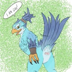 (dota) 4_toes ambiguous_gender animal_genitalia anisodactyl anthro avian avian_butt beak blue_body claws cloaca feathers feet genitals hi_res kez league_of_legends male open_beak open_mouth p.v.su riot_games solo speech_bubble tail tail_feathers tencent toes underfluffies yellow_eyes