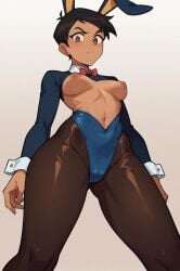 ai_generated areolae brown_hair bunny_ears bunnysuit dark_hair dark_skin ear_piercing lois_lane_(my_adventures_with_superman) medium_breasts necktie nipples reverse_bunnysuit sfa1903 short_hair thick_thighs thighs