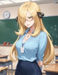 1girls 2024 ai_generated alternate_costume apple arms_behind_back artist_name bespectacled black_skirt blonde_hair blue_shirt breasts chair chalkboard classroom cleavage clock collarbone collared_shirt cynthia_(pokemon) desk female food fruit glasses hair_ornament hair_over_one_eye hand_on_own_arm id_card indoors jewelry lanyard large_breasts long_hair long_sleeves miapipai necklace parted_lips patreon_username pencil_skirt pendant pink_lips pokemon red-framed_eyewear school_desk self_upload semi-rimless_eyewear shirt shirt_tucked_in skirt solo stable_diffusion teacher twitter_username under-rim_eyewear wall_clock yellow_eyes