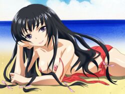 1girls 2d black_hair boku_wa_tomodachi_ga_sukunai breasts cloud long_hair mikazuki_yozora ocean pointy_chin sky solo swimsuit water yabusame