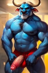 beard big_penis blue_fur bovine chest_hair chief_bogo furry gay happy_trail locker_room muscular muscular_male older_male precum six_pack thick_penis underwear_aside veiny_penis zootopia