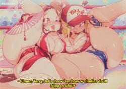 2girls ;d areolae areolae_slip artist_name baseball_cap big_breasts blonde_hair blue_eyes bluethebone blush breasts brown_eyes brown_hair cameltoe cleavage denim denim_shorts english_text fan fatal_fury female female_terry fingerless_gloves genderswap_(mtf) gloves hat heart hi_res japanese_clothes king_of_fighters long_hair looking_at_viewer mai_shiranui micro_shorts nipples one_eye_closed open_mouth paid_reward_available panties retro_artstyle revealing_clothes rule_63 see-through shorts smile snk snk_heroines:_tag_team_frenzy spoken_heart spread_legs star-shaped_pupils terry_bogard text tubetop very_long_hair wink wrestling_ring