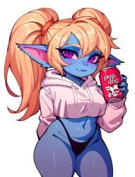 ai_assisted ai_generated black_panties blonde_hair blue_skin crop_top crop_top_hoodie fangs female highleg_panties holding_can hoodie league_of_legends long_ears looking_at_viewer losforry_custom poppy purple_eyes shortstack solo thick_thighs transparent_background twintails white_hoodie yordle