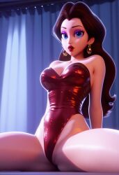 ai_generated bare_shoulders black_hair curtain dark_brown_hair earrings eyelashes eyeshadow female indoors leotard lipstick long_hair open_mouth pauline pauline_(mario) purple_eyeshadow red_leotard red_lipstick sandlecrantz_(ai_generator) super_mario_odyssey